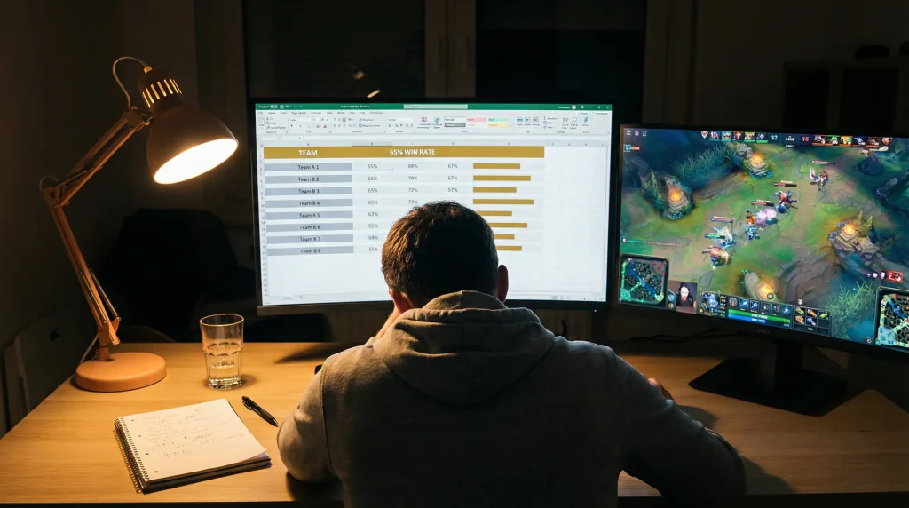 Analist studiind statistici de echipe League of Legends pe monitor cu date și grafice