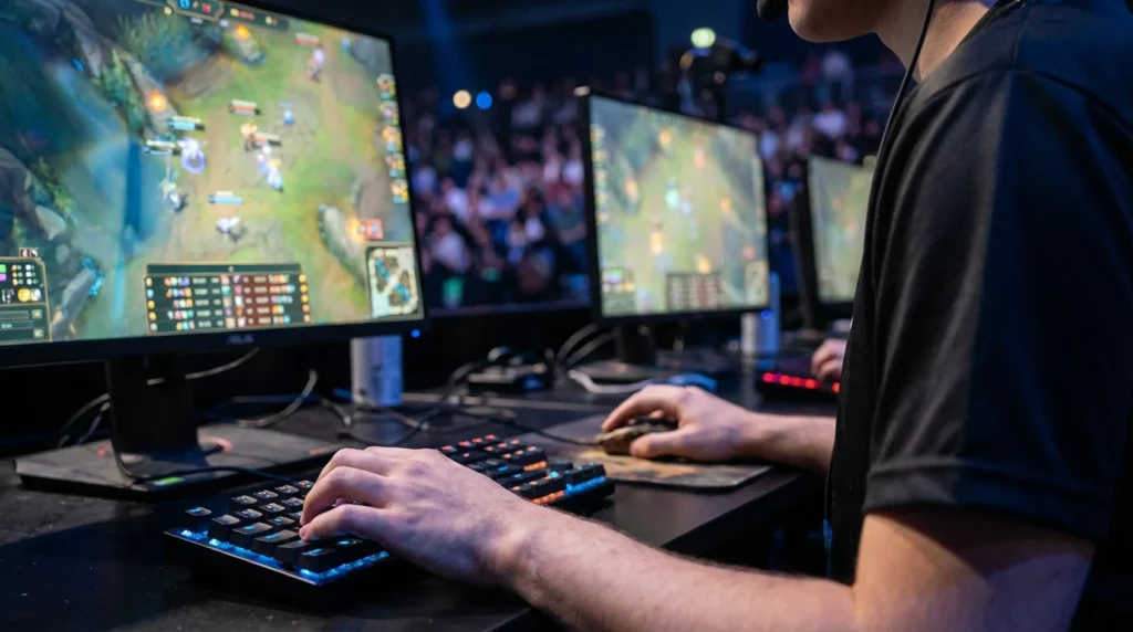 Scenă de competiție League of Legends pe Summoner's Rift cu echipe profesioniste