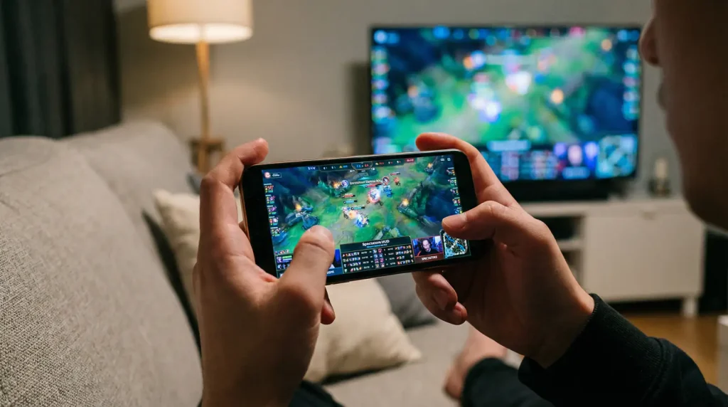 Persoană urmărind un meci live de League of Legends pe telefon mobil cu cote de pariere