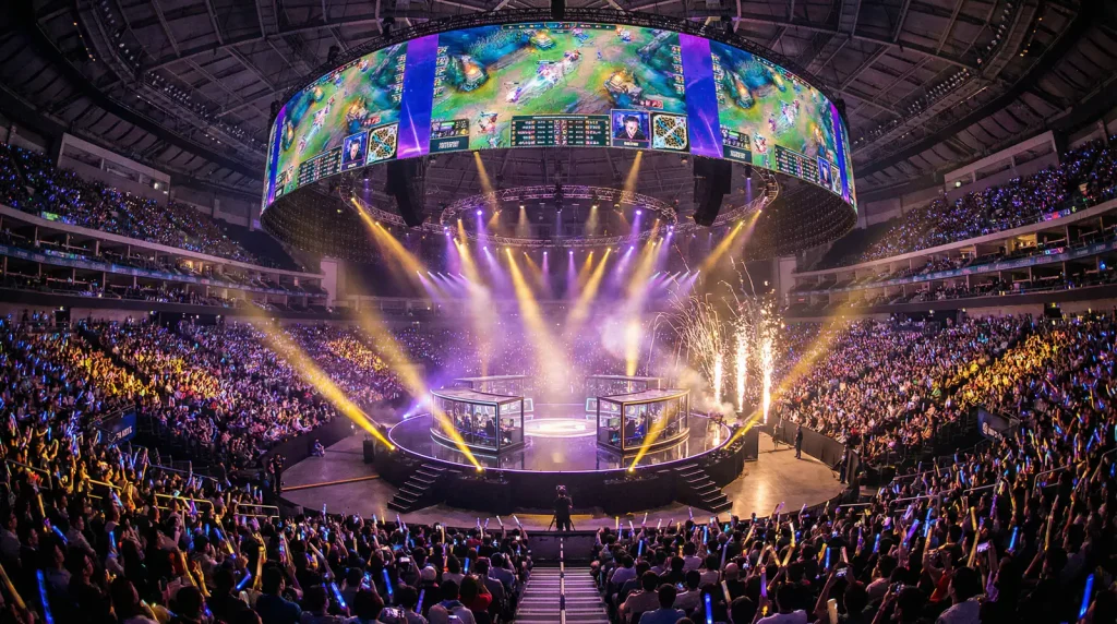 Arenă de esports la turneul Worlds de League of Legends cu public și ecrane mari